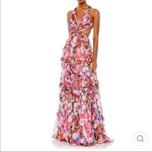 Mac Duggal Floral Print Ruffle Cutout Gown